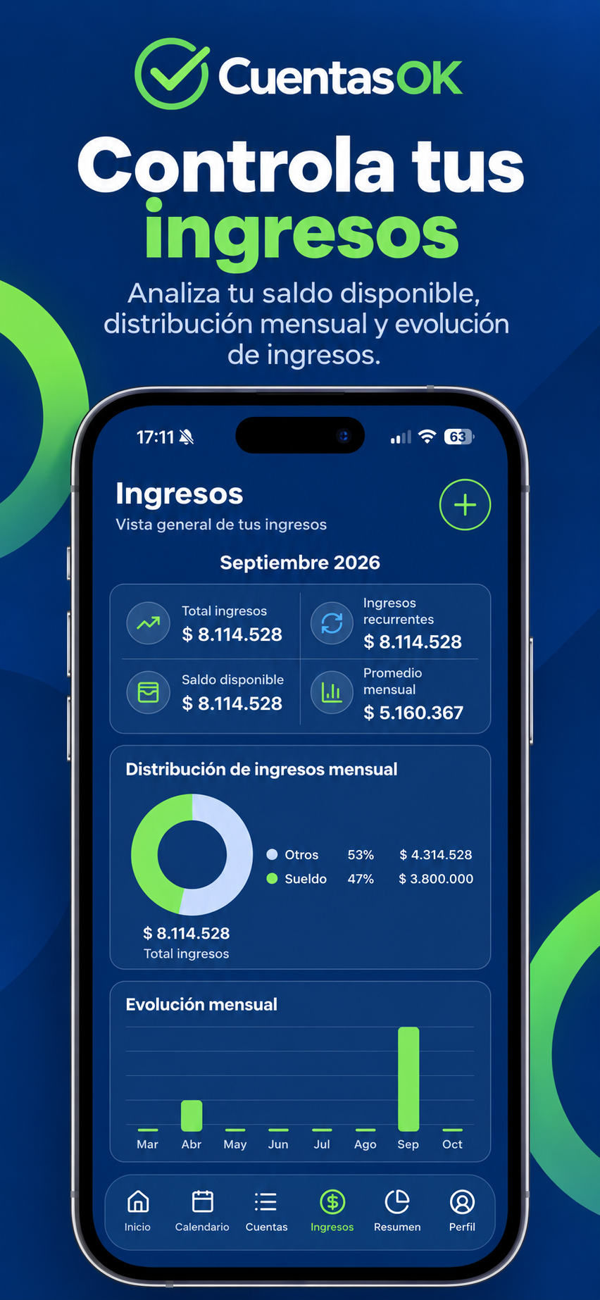 Pantalla de ingresos de CuentasOK